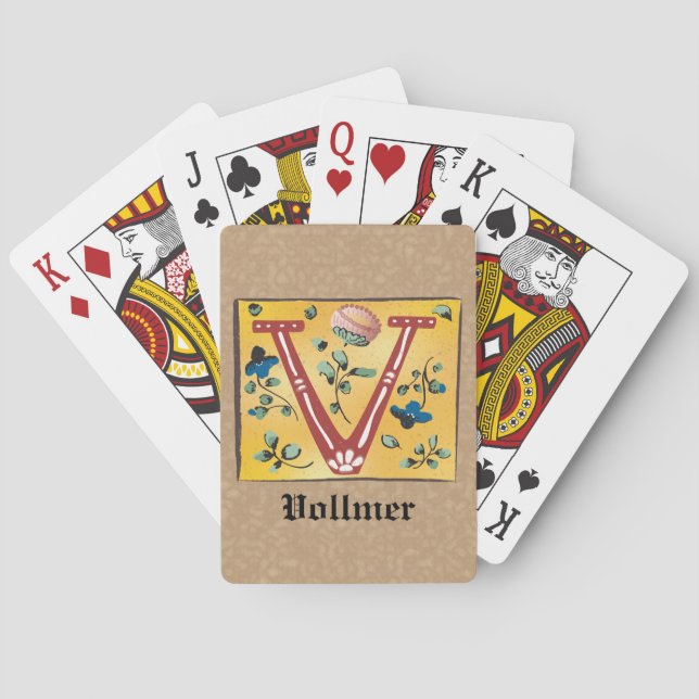 Medieval Floral Illuminated Letter V Monogram Poker Cards (Back)