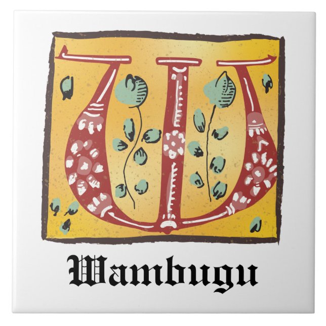 Medieval Floral Illuminated Letter W Monogram Ceramic Tile (Front)