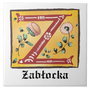 Medieval Floral Illuminated Letter Z Monogram Ceramic Tile