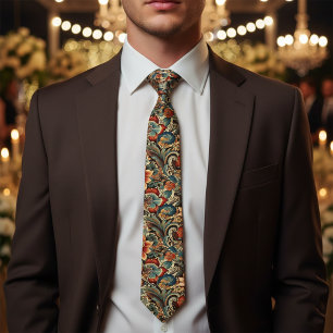 Medieval Floral Necktie In Burnt Orange & Teal
