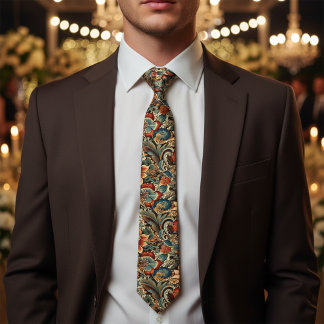 Medieval Floral Necktie In Burnt Orange & Teal