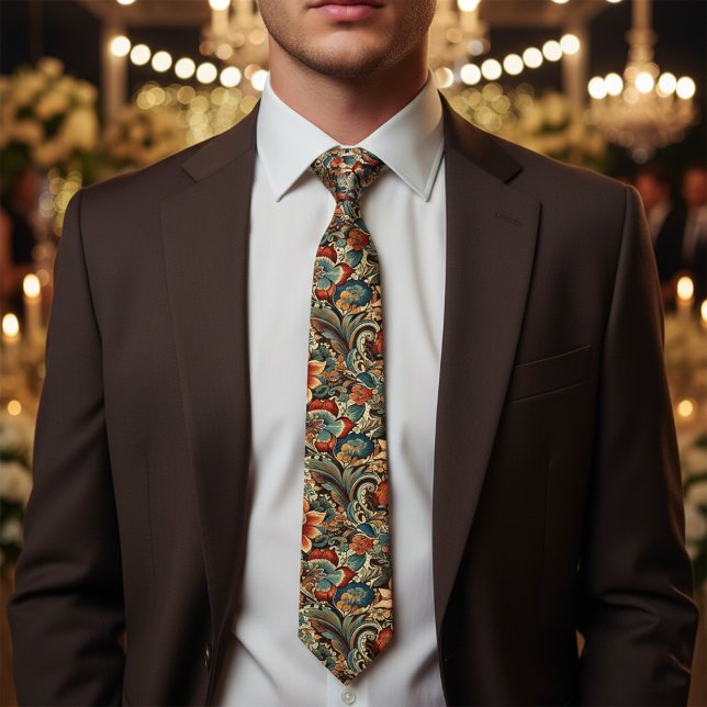 Medieval Floral Necktie In Burnt Orange & Teal (Creator Uploaded)