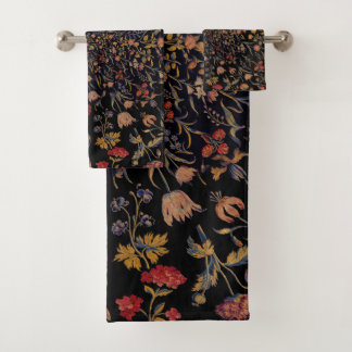 Medieval Flowers on Black Bath Towel Set