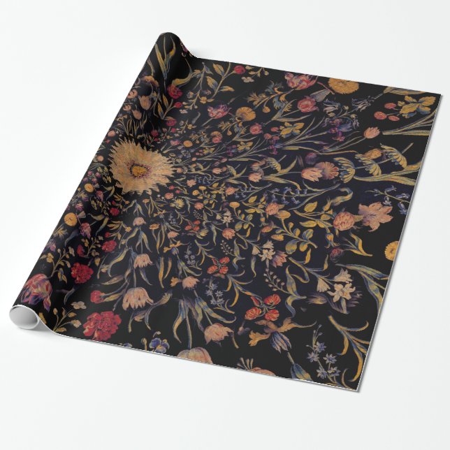 Medieval Flowers on Black Wrapping Paper (Unrolled)