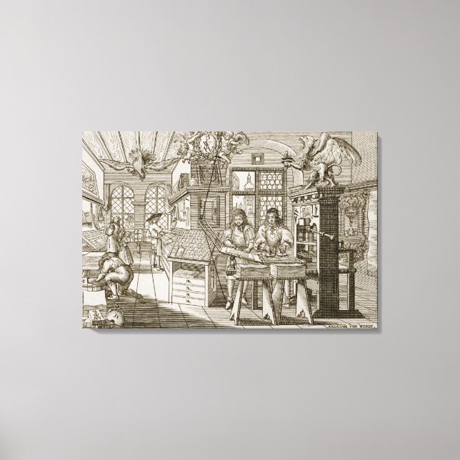 Medieval German printing press (engraving) Canvas Print (Front)