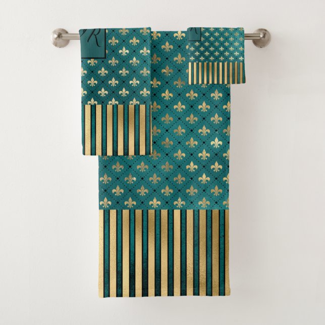Medieval Gold Armor Teal Elegant Pattern Monogram Bath Towel Set (Insitu)
