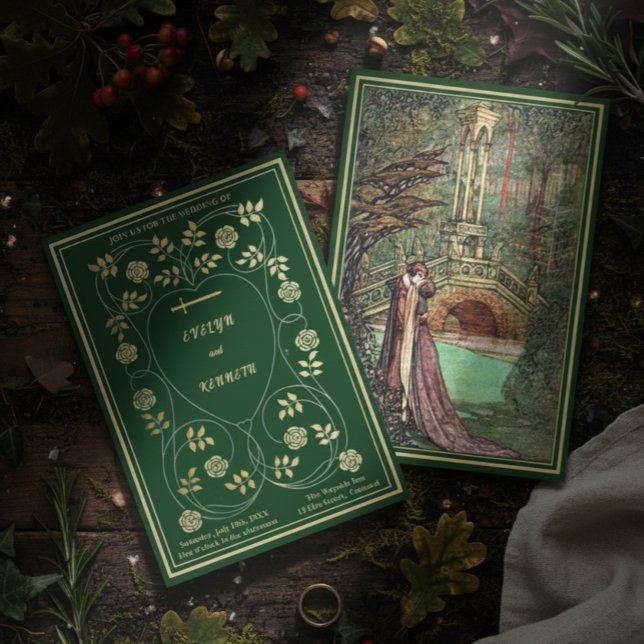 Medieval Gold Floral Hearts and Sword Wedding Invitation (Creator Uploaded)