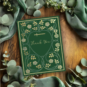 Medieval Gold Floral Hearts and Sword Wedding Letterpress Thank You Card