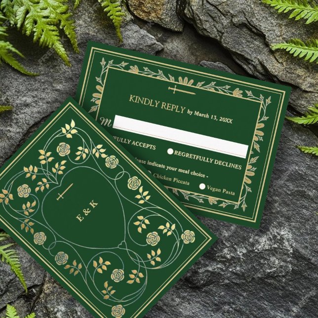 Medieval Gold Floral Hearts and Sword Wedding RSVP Enclosure Card (Creator Uploaded)
