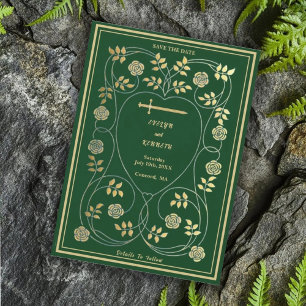 Medieval Gold Floral Hearts and Sword Wedding Save The Date