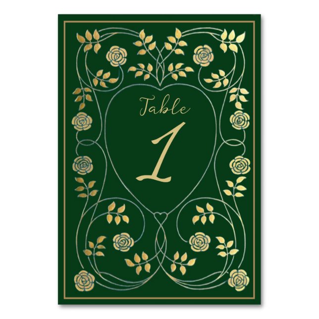 Medieval Gold Floral Hearts and Sword Wedding Table Number (Front)
