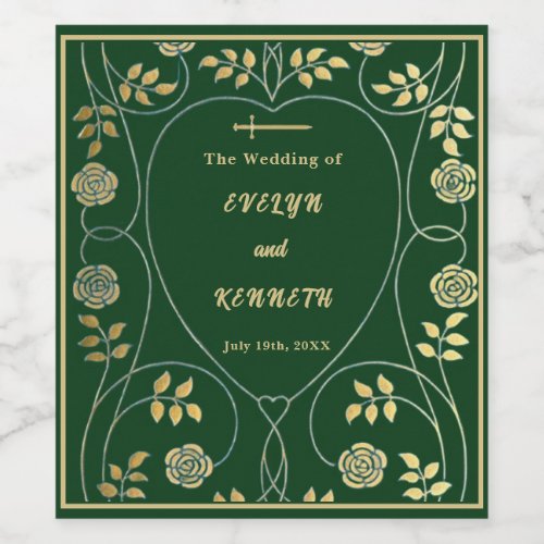 Medieval Gold Floral Hearts and Sword Wedding Wine Label