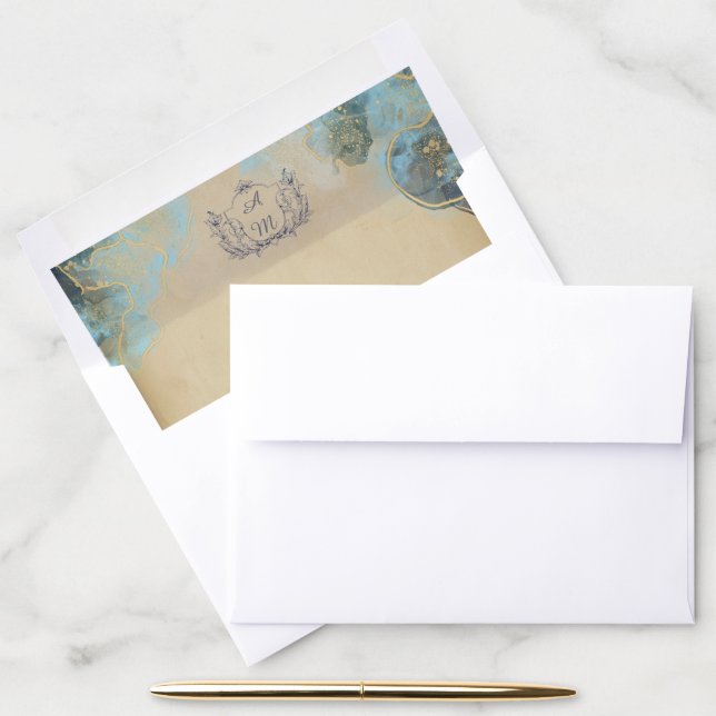 Medieval Gold Green Marble Parchment Wedding Envelope Liner (Desk)