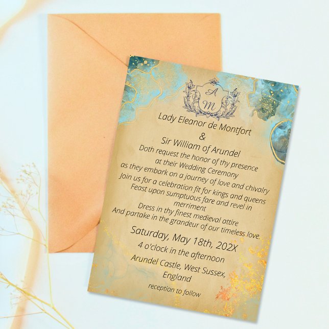 Medieval Gold Green Marble Parchment Wedding Invitation (Creator Uploaded)