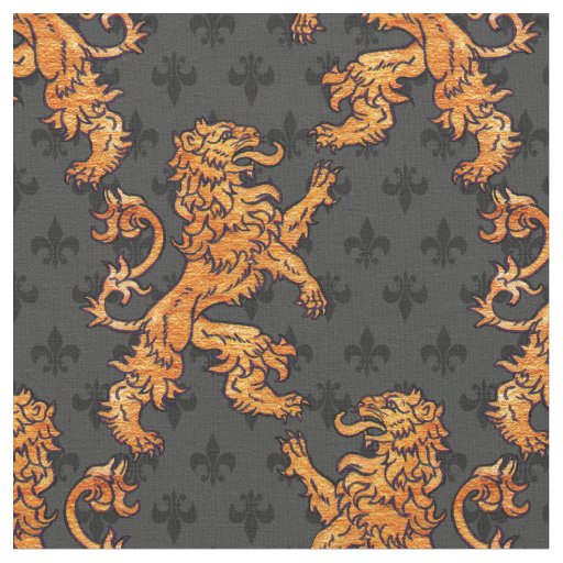 Medieval Gold Lion Black Gray Fleur de Lis Fabric