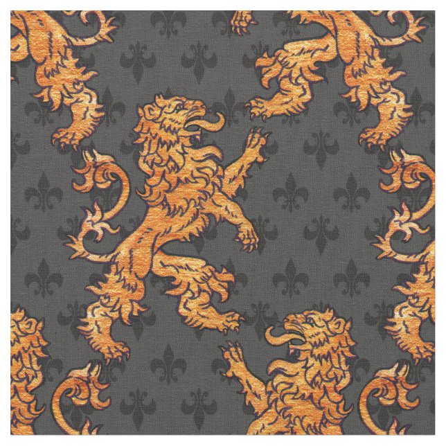 Medieval Gold Lion Black Gray Fleur de Lis Fabric (Close Up)