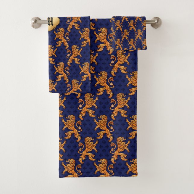 Medieval Gold Lion Blue Fleur de Lis Bath Towel Set (Insitu)