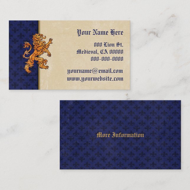 Medieval Gold Lion Blue Fleur de Lis Business Card (Front/Back)