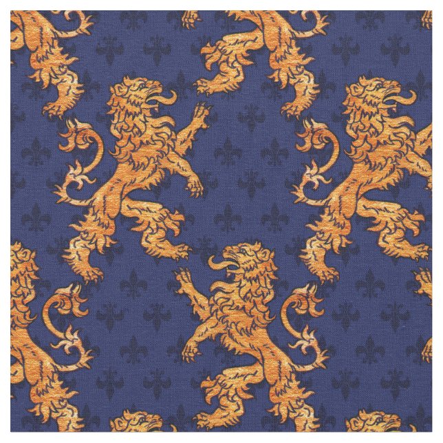 Medieval Gold Lion Blue Fleur de Lis Fabric (Close Up)