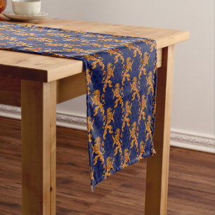 Medieval Gold Lion Blue Fleur de Lis Short Table Runner
