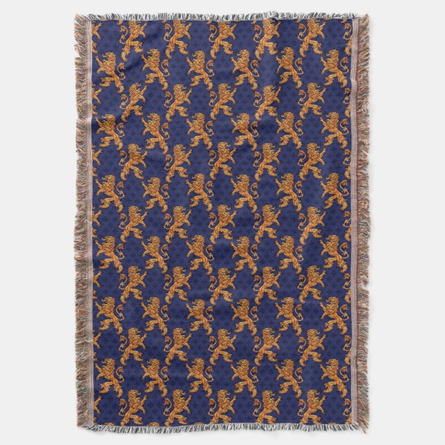 Medieval Gold Lion Blue Fleur de Lis Throw Blanket (Front Vertical)