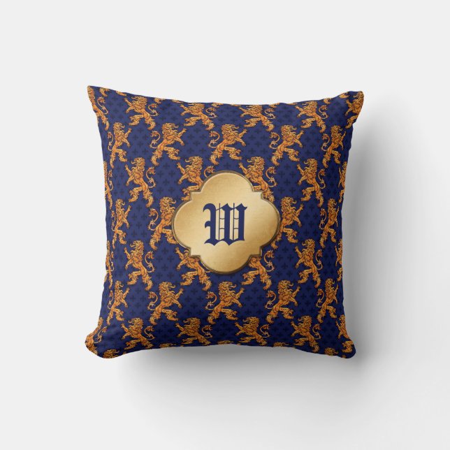 Medieval Gold Lion Blue Fleur de Lis Throw Pillow (Front)