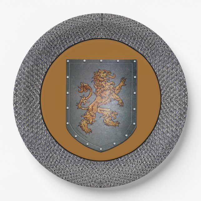 Medieval Gold Lion Gray Chainmail Paper Plates (Front)