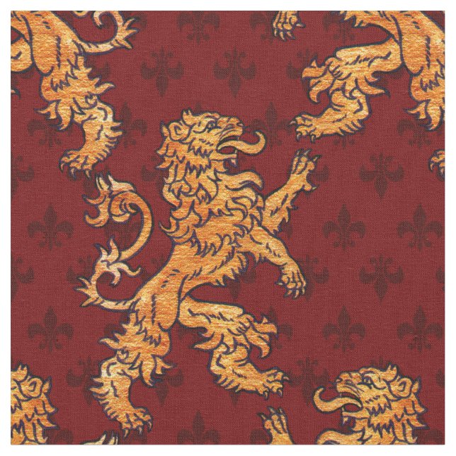 Medieval Gold Lion Red Fleur de Lis Fabric (Close Up)