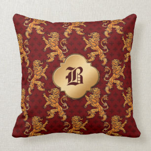 Medieval Gold Lion Red Fleur de Lis Throw Pillow