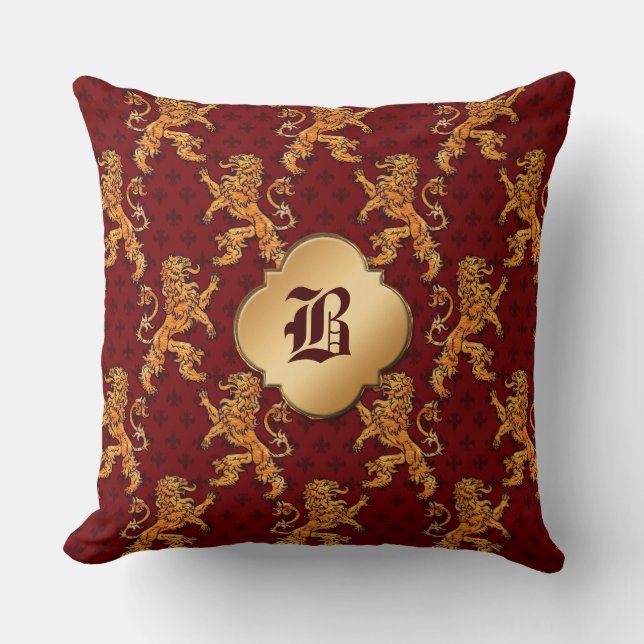 Medieval Gold Lion Red Fleur de Lis Throw Pillow (Front)