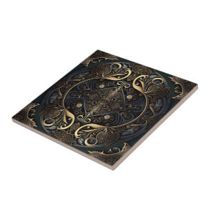 Medieval Golden color and black Engraved Ceramic Tile