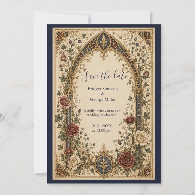 Medieval Gothic Botanical Arch Floral Wedding Invitation (Front)