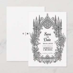Medieval Gothic Dragon Griffin Black Etching Save  The Date