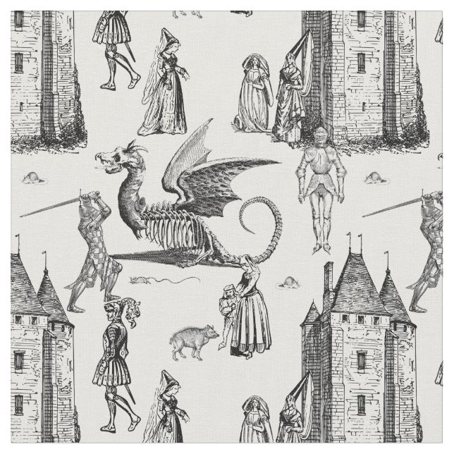 medieval gothic dragon knight skeleton toile fabric (Close Up)