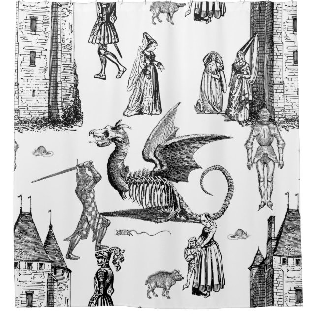 medieval gothic dragon knight skeleton toile shower curtain (Front)
