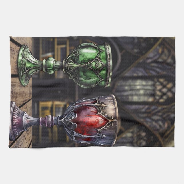 Medieval Gothic Green Red Goblet Castle Library  Kitchen Towel (Horizontal)