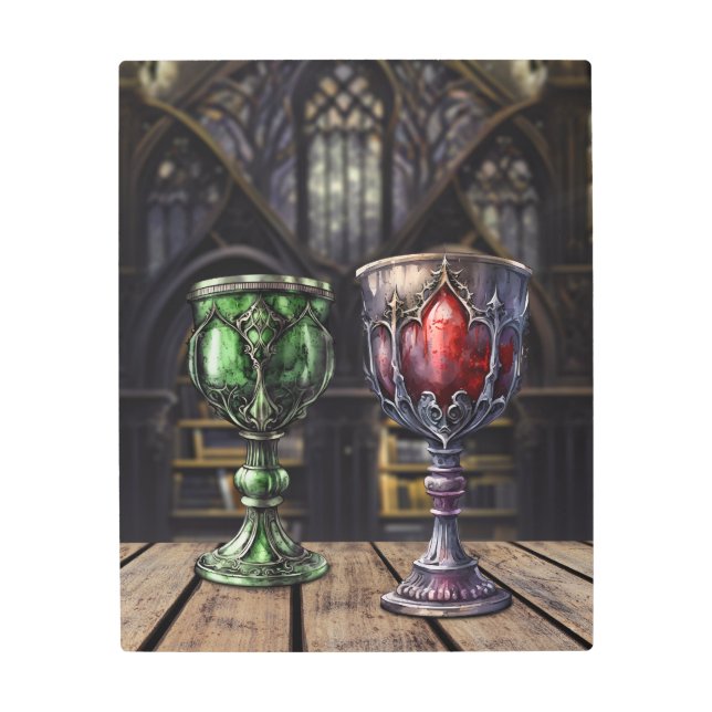 Medieval Gothic Green Red Goblet Castle Library Metal Print (Front)