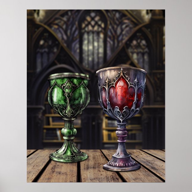 Medieval Gothic Green Red Goblet Castle Library Poster (Front)