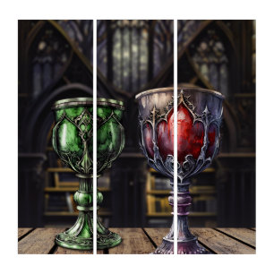Medieval Gothic Green Red Goblet Castle Library Triptych