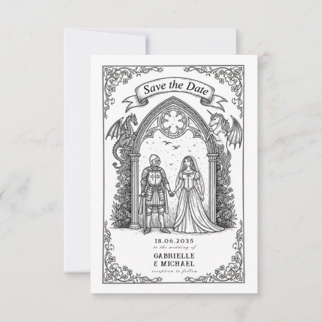 Medieval Gothic Knight Bride Groom Save The Date (Front)