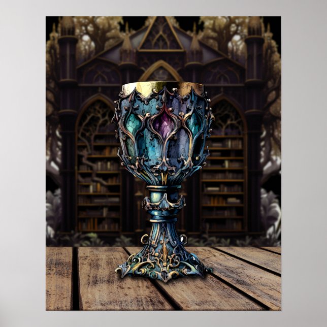 Medieval Gothic Purple Blue Goblet Castle Library  Poster (Front)