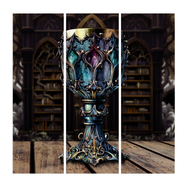 Medieval Gothic Purple Blue Goblet Castle Library Triptych (Front)