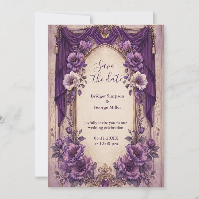 Medieval Gothic Purple Draped Arch Wedding  Invitation (Front)