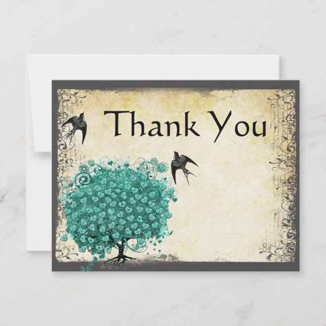 Medieval Green Heart Leaf Tree Love Bird  Thank You Card (Front)