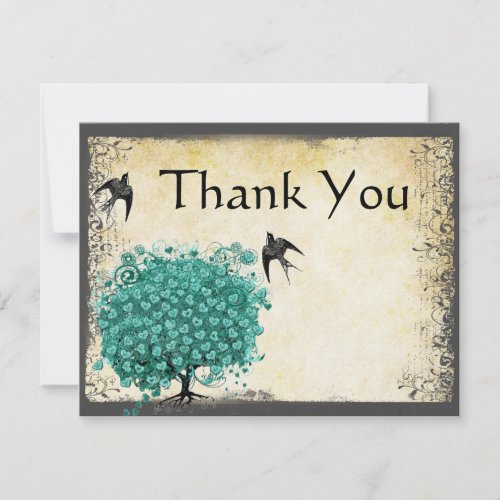 Medieval Green Heart Leaf Tree Love Bird  Thank You Card