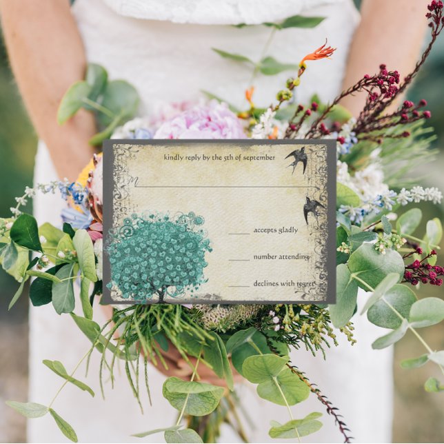 Medieval Green Heart Leaf Tree Love Bird Wedding RSVP Card (Creator Uploaded)