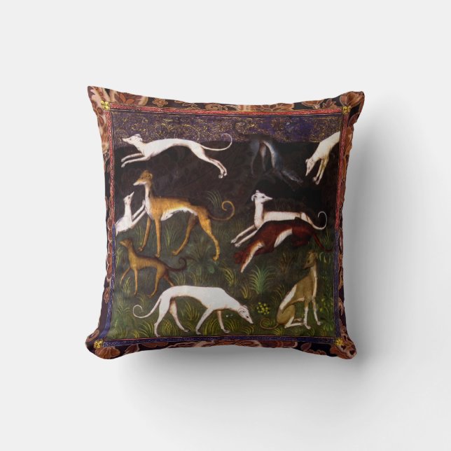 Medieval Greyhound Dogs on Paisley Throw Pillow (Front)