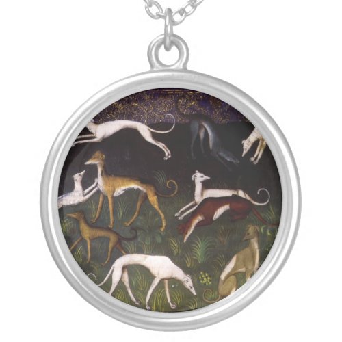 Medieval Greyhounds in the Deep Woods Silver Plated Necklace