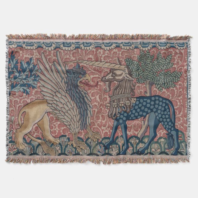 Medieval Griffin & Unicorn Tapestry  Throw Blanket (Front)