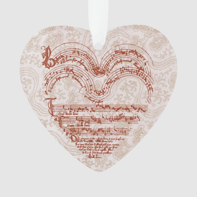 Medieval Heart Music Manuscript Floral Backdrop Ornament (Front)